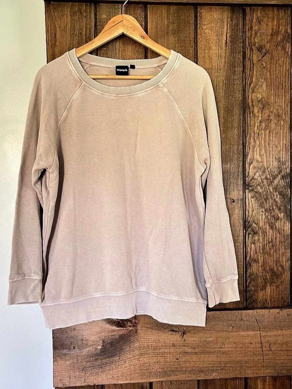 Mono B Beige Textured Mineral Wash Oversized Crewneck Sweatshirt Sporty Lounge
